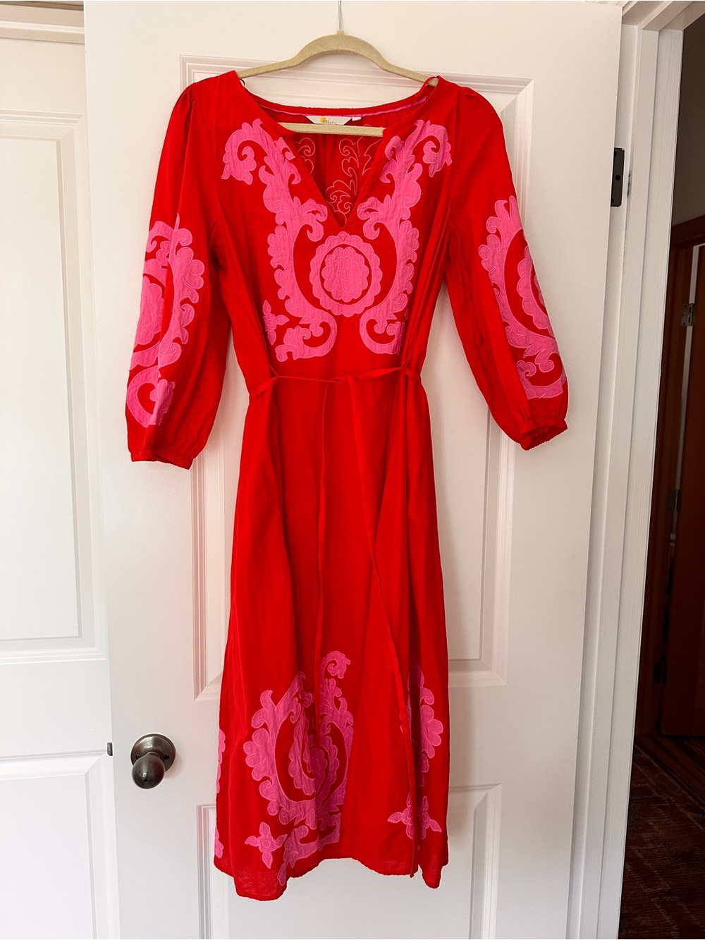 Boden Red Midi Dress with Pink Embroidery
